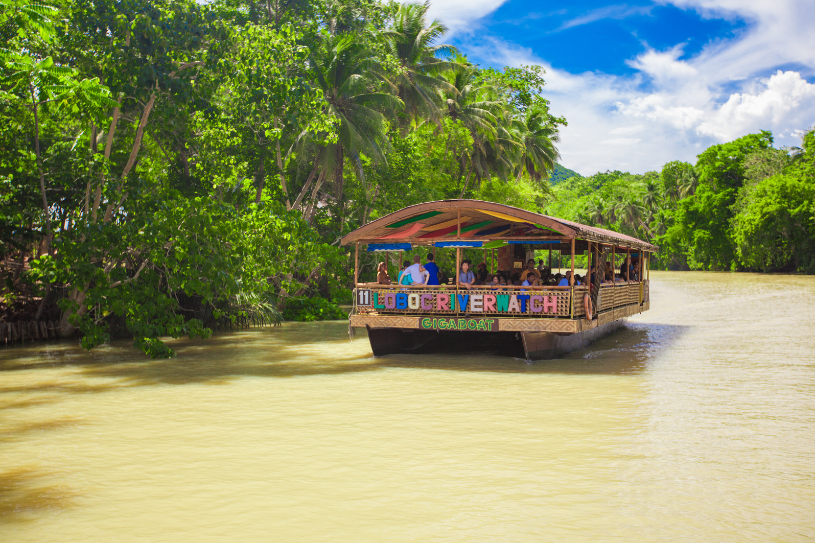 Exotic Cruise Boat with Tourists on Jungle River Loboc, Bohol